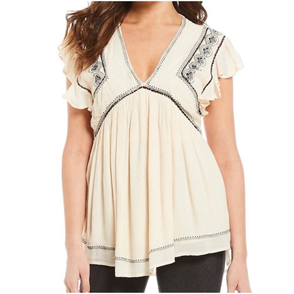 Free People Cream and Black Embroidered Blouse